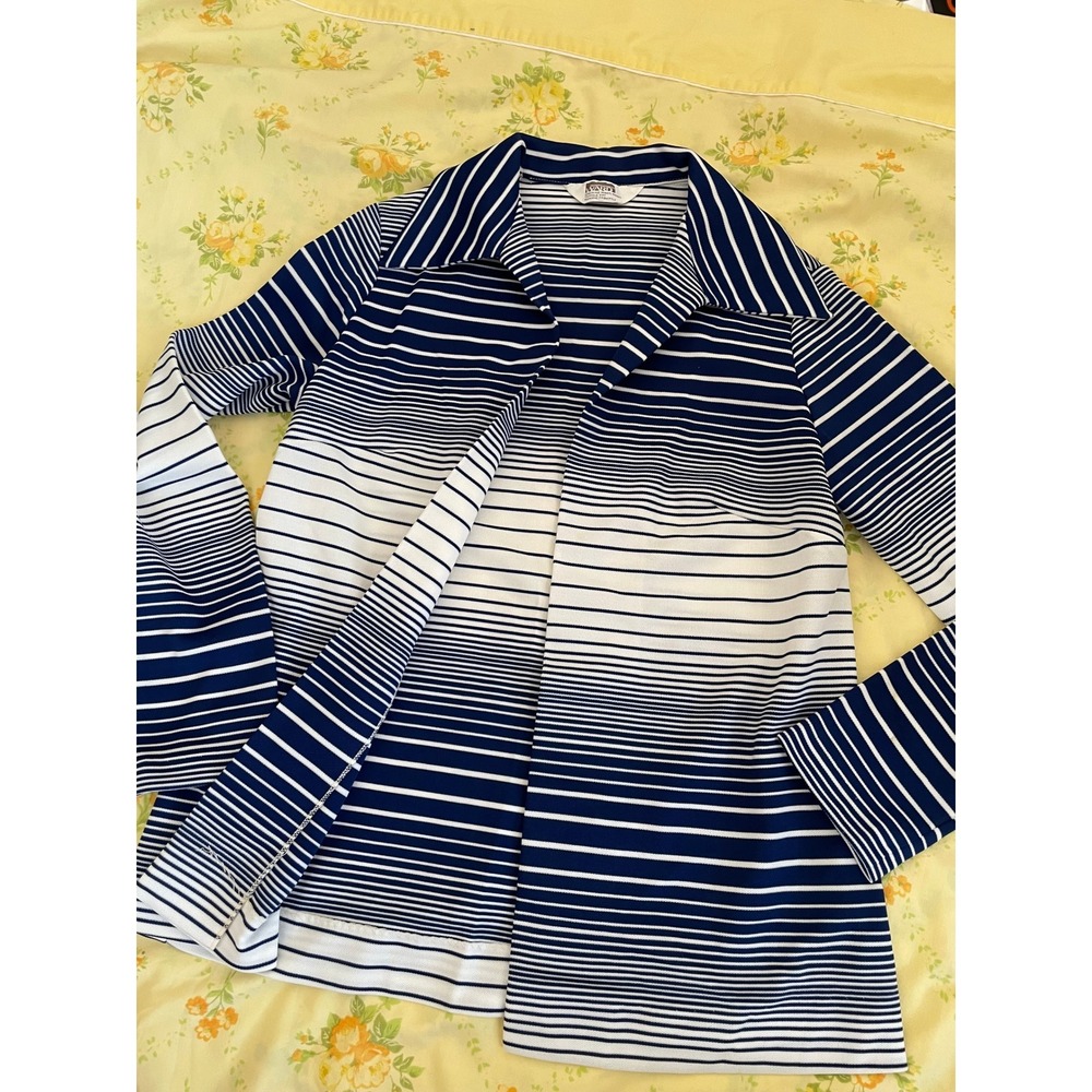 Vintage Montgomery Ward Navy White Striped Long Sleeve Knit Blouse Top Retro